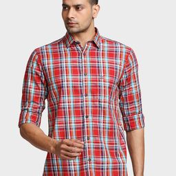 ColorPlus Men Red Tailored Fit Checked Cotton Casual Shirt-image-5