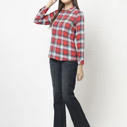 Crimsoune Club Women Red Slim Fit Tartan Checks Checked Casual Shirt-picture-46