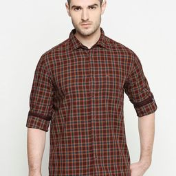 Basics Men Brown Slim Fit Grid Tattersall Checks Checked Casual Shirt-image-90