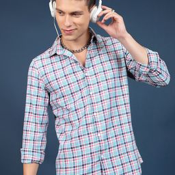 HIGHLANDER Blue Slim Fit Tartan Checks Casual Shirt-image-14