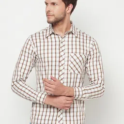 Purple State Men White & Brown Slim Fit Cotton Checked Casual Shirt-image-68