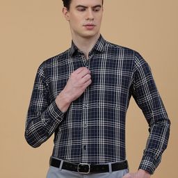METAL Tartan Checks Spread Collar Long Sleeves Slim Fit Cotton Formal Shirt-image-69