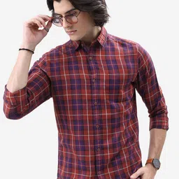 HIGHLANDER Rust Tartan Checked Slim Fit Casual Shirt-image-12