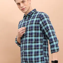 HIGHLANDER Teal Tartan Checked Slim Fit Spread Collar Twill Cotton Casual Shirt-image-41