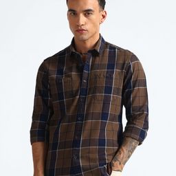 Flying Machine Slim Fit Tartan Checks Spread Collar Cotton Twill Casual Shirt-image-10