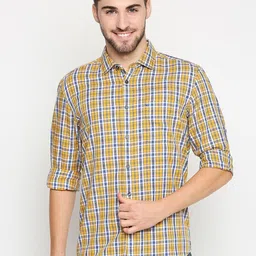 Basics Men Yellow & Navy Blue Slim Fit Opaque Checked Casual Shirt-image-86