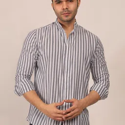 Mculine Men Standard Mandarin Collar Vertical Striped Cotton Casual Shirt-image-79