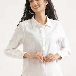 SAADAA Roll-Up Sleeves Cotton Linen Casual Shirt-image-9