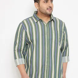 Instafab Plus Men Olive Green and Blue Cotton Striped Casual Shirt-image-60