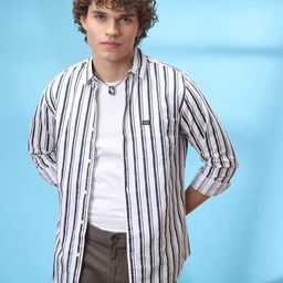 The Indian Garage Co Men White & Navy Blue Slim Fit Striped Casual Shirt-image-54