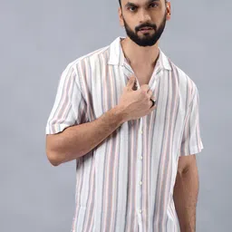 JADE BLUE Men Slim Fit Cuban Collar Vertical Striped Cotton Casual Shirt-image-18