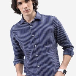 HIGHLANDER Navy blue Vertical Striped Slim Fit Casual Shirt-image-18
