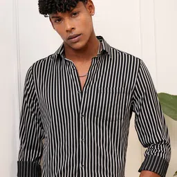 Locomotive Dobby Textured Striped Evening Casual Shirt-image-81