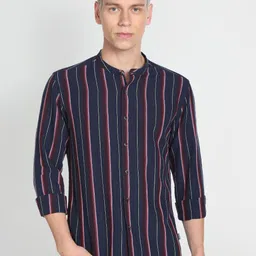 Flying Machine Mandarin Collar Slim Fit Vertical Striped Casual Shirt-image-46