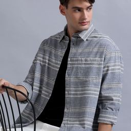 SILISOUL Relaxed Horizontal Stripes Long Sleeves Spread Collar Cotton Opaque Casual Shirt-image-88