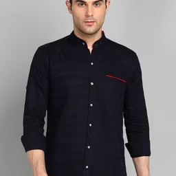 FUBAR Horizontal Striped Mandarin Collar Roll Up Sleeves Slim Fit Casual Shirt-image-38