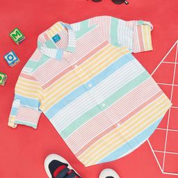 YU by Pantaloons Boys Horizontal Striped Spread Collar Roll Up Sleeves Pure Cotton Shirt-image-87