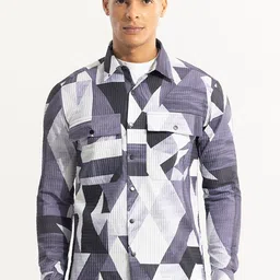 Snitch Grey Classic Tailored Fit Geometric Printed Spread Collar Casual Shacket-image-39
