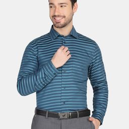 Blackberrys Men Teal Slim Fit Horizontal Stripes Striped Pure Cotton Formal Shirt-picture-15