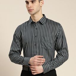 Hancock Men Charcoal Grey & White Slim Fit Striped Pure Cotton Formal Shirt-image-101