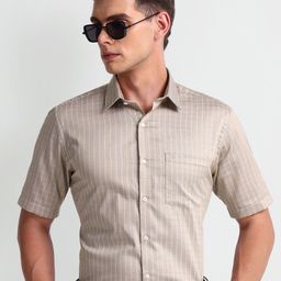 Arrow Spread Collar Micro Checks Striped Regular Fit Cotton Formal Shirt-image-90
