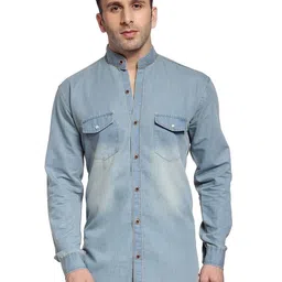 hangup plus Slim Fit Faded Band Collar Casual Denim Shirt-image-3