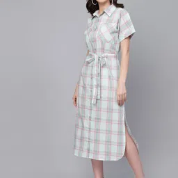 Style Quotient Green Checked Shirt Midi Dress-image-5