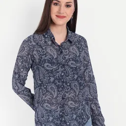 CHARMGAL Women Blue & White Relaxed Semi Sheer Paisley Printed Casual Shirt-picture-52