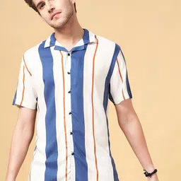 Urban Ranger by pantaloons Slim Fit Vertical Stripes Cuban Collar Cotton Casual Shirt-image-10