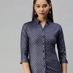 SHOWOFF Women Navy Blue Semi Skinny Fit Printed Casual Shirt-image-41