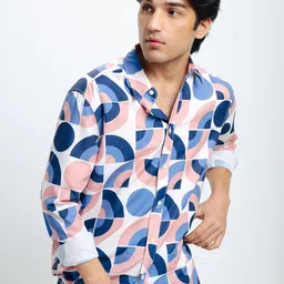 FREAKINS White & Blue Geometric Printed Spread Collar Regular Fit Casual Shirt-image-55