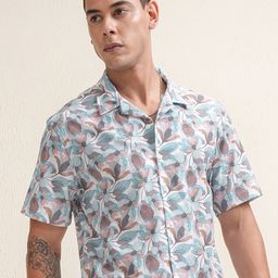 LOCOMOTIVE Premium Men Popcorn Textured Floral Printed Cuban Collar Relaxed Fit Casual Shirt-image-19