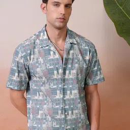 Locomotive Premium Men Popcorn Textured Printed Cuban Collar Relaxed Shirt-image-14