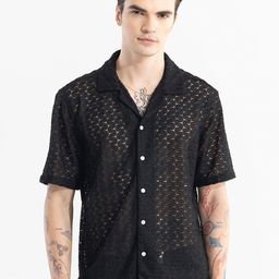 Snitch Black Self Design Textured Classic Boxy Opaque Casual Crochet Shirt-image-32