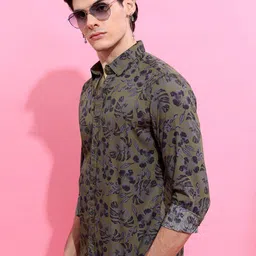 HIGHLANDER Men Olive Slim Fit Floral Opaque Printed Cotton Casual Shirt-picture-19