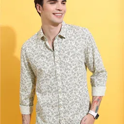 HIGHLANDER Lime Green Floral Printed Spread Collar Slim Fit Cotton Casual Shirt-image-63