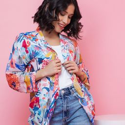 Rhe-Ana Floral Printed Lapel Collar Open Front Jacket-7