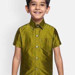 THANGAMAGAN Boys Olive Green Regular Fit Solid Casual Shirt-35
