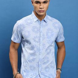 HIGHLANDER Blue Slim Fit Floral Printed Cotton Casual Shirt-image-32