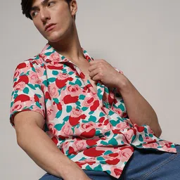 Campus Sutra White & Red Classic Floral Printed Cuban Collar Casual Shirt-image-20