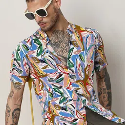Campus Sutra White & Blue Classic Abstract Printed Casual Shirt-image-7