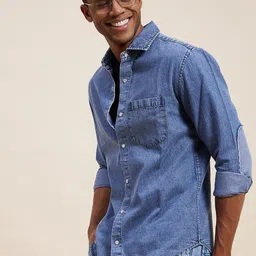 MASCLN SASSAFRAS Men Navy Blue Faded Casual Shirt-image-12