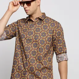 SHOWOFF Smart Slim Fit Geometric Printed Twill Spread Collar Cotton Casual Shirt-image-29