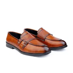 KRAASA Men Tan Brown Textured Formal Monk Shoes-image-76