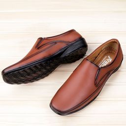 KRAASA Men Tan Brown Solid Leather Formal Slip On Shoes-image-11