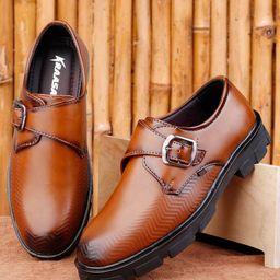 KRAASA Men Tan Solid Formal Monk Shoes-image-9