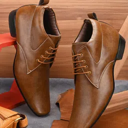 HERE&NOW Men Tan Brown Textured Formal Derbys-image-74