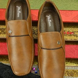 John Karsun Men Tan Solid Formal Slip-On Shoes-image-31