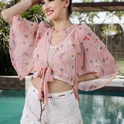 Sera Women Pink & Green Floral Printed Crop Tie-Up Shrug-41