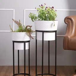 Aapno Rajasthan Set Of 2 Solid Ceramic Planters With Metal Stand-2